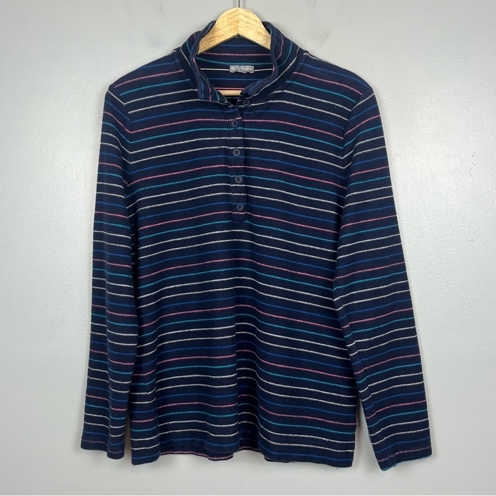 T by Talbots navy rainbow stripe high collar 1/4 button pullover, large.